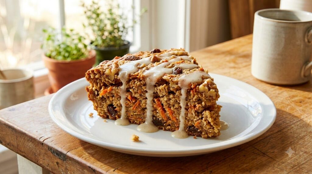 A slice of carrot cake baked oats with visible grated carrots and walnuts possibly drizzled with a light cream cheese gl