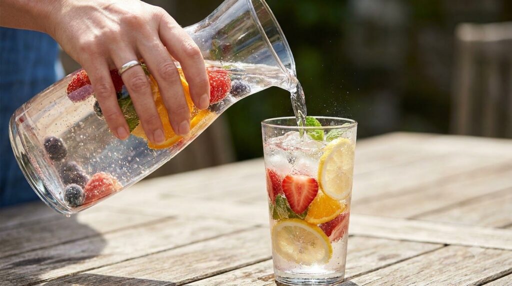 A person pouring infused water from a large pitcher into a glass with ice and fruit slices