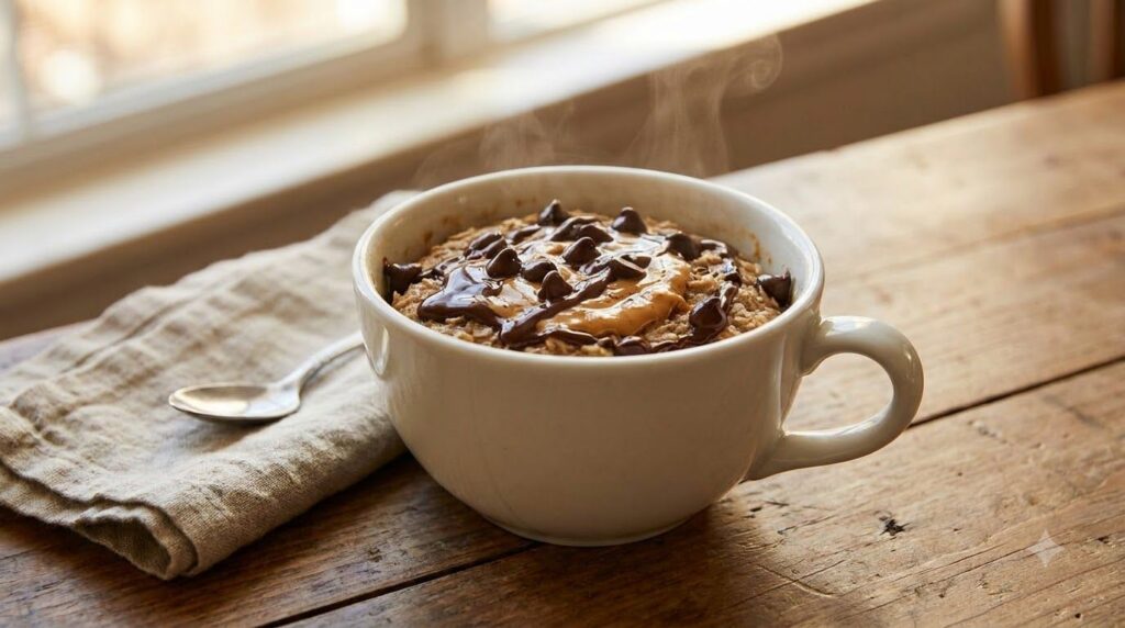 An individual serving of chocolate peanut butter baked oats in a mug with melted chocolate and a drizzle of peanut butte