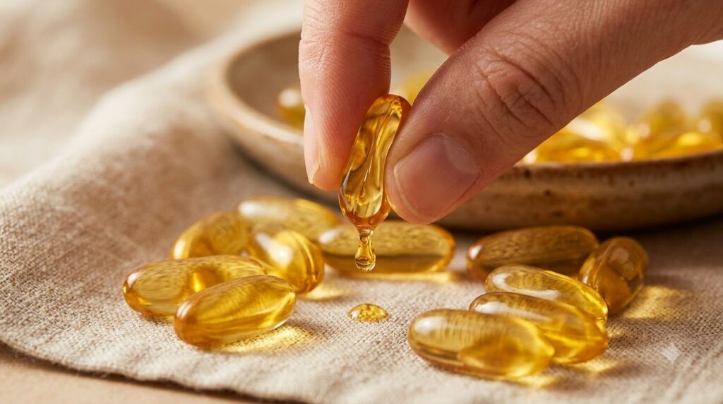 Close-up of golden vitamin E capsules or other nourishing oil capsules possibly spilling their contents into a small dis