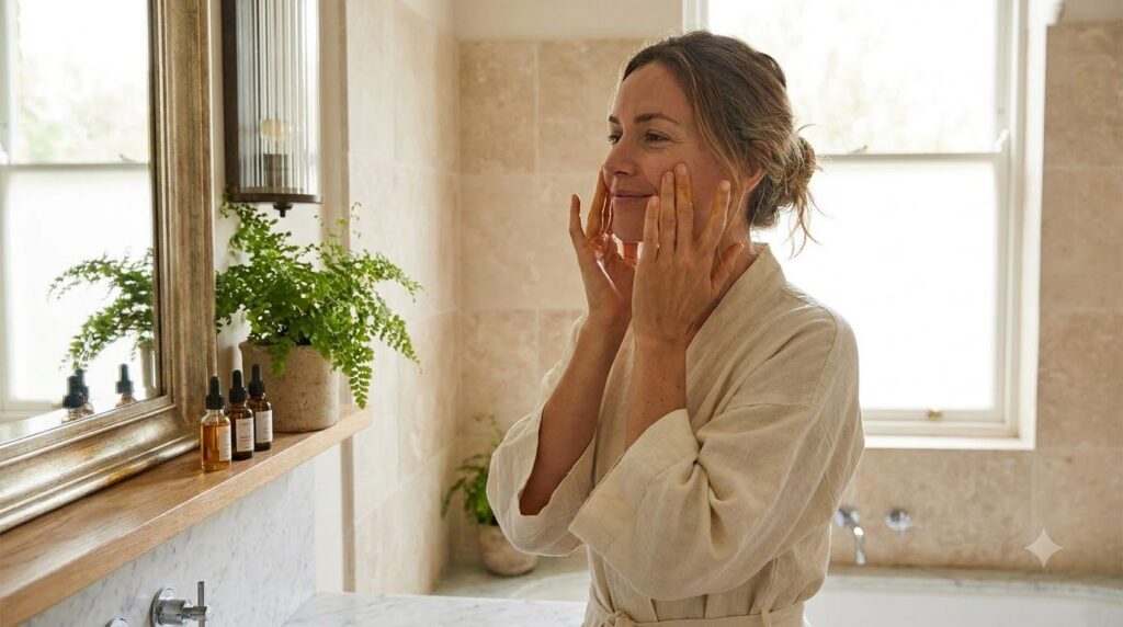 A woman gently massaging the baby oil and capsule mixture onto her face focusing on her cheekbones with a soft content e