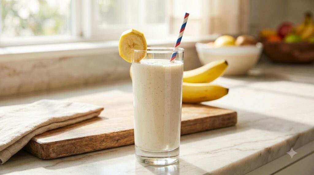 A tall glass of creamy banana smoothie garnished with a banana slice and a straw on a bright kitchen counter