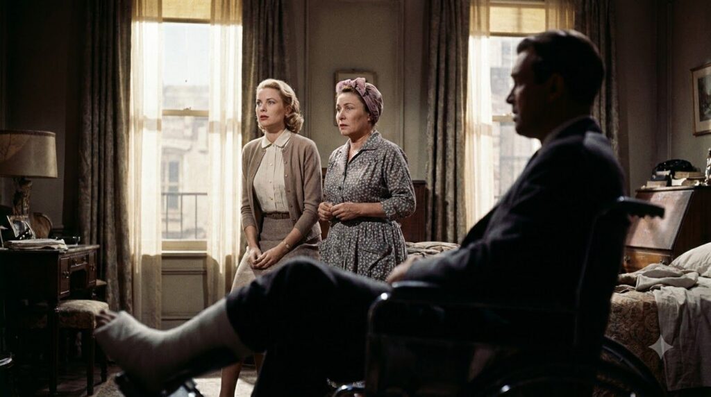 Grace Kelly and Thelma Ritter looking out a window with worried expressions with James Stewart in his wheelchair in the 