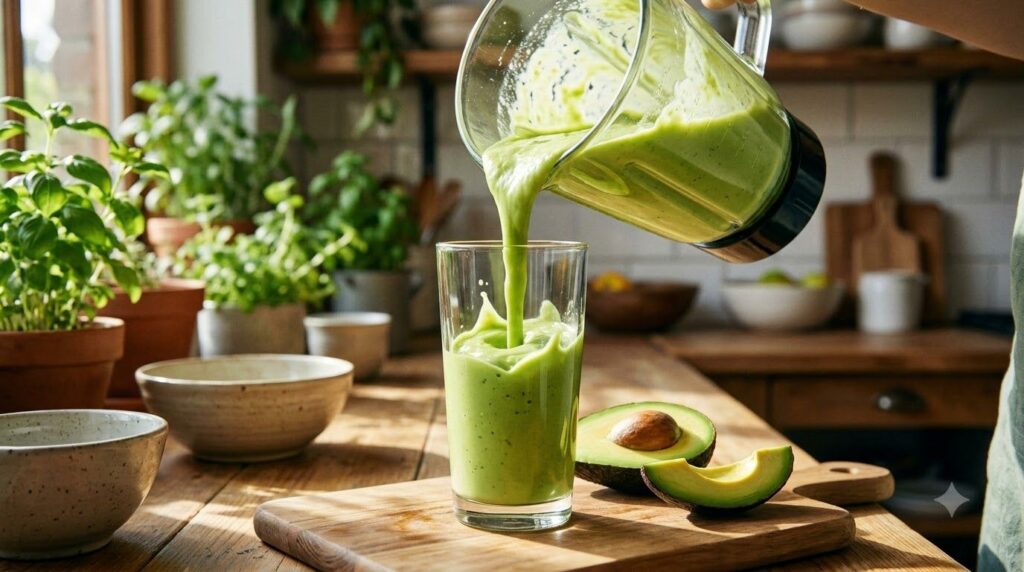 A creamy green avocado smoothie being poured into a tall glass