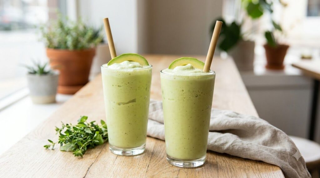 Two tall glasses of creamy green avocado smoothie with a straw and a garnish on a light wooden table