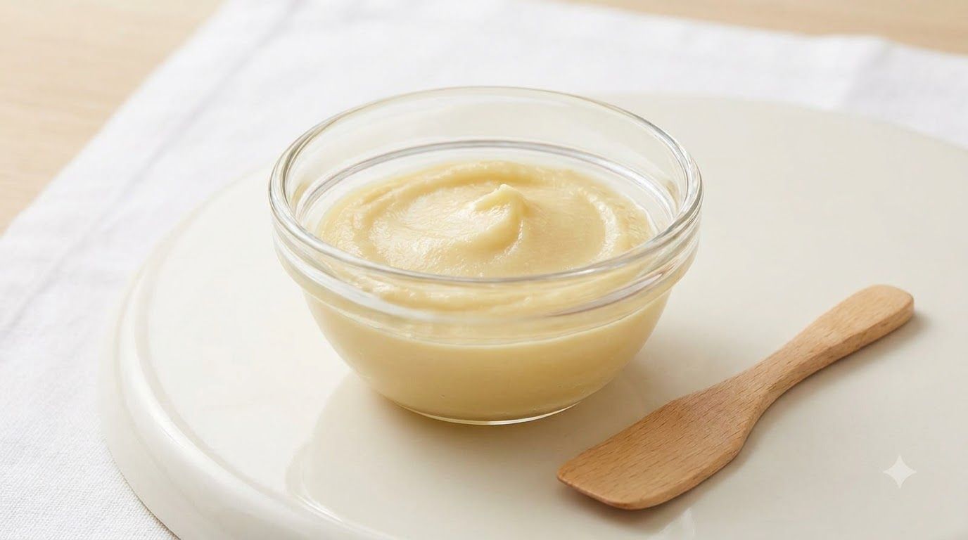 A close-up of a small glass bowl containing a yellow paste made of Vaseline turmeric and lemon with a small spatula besi