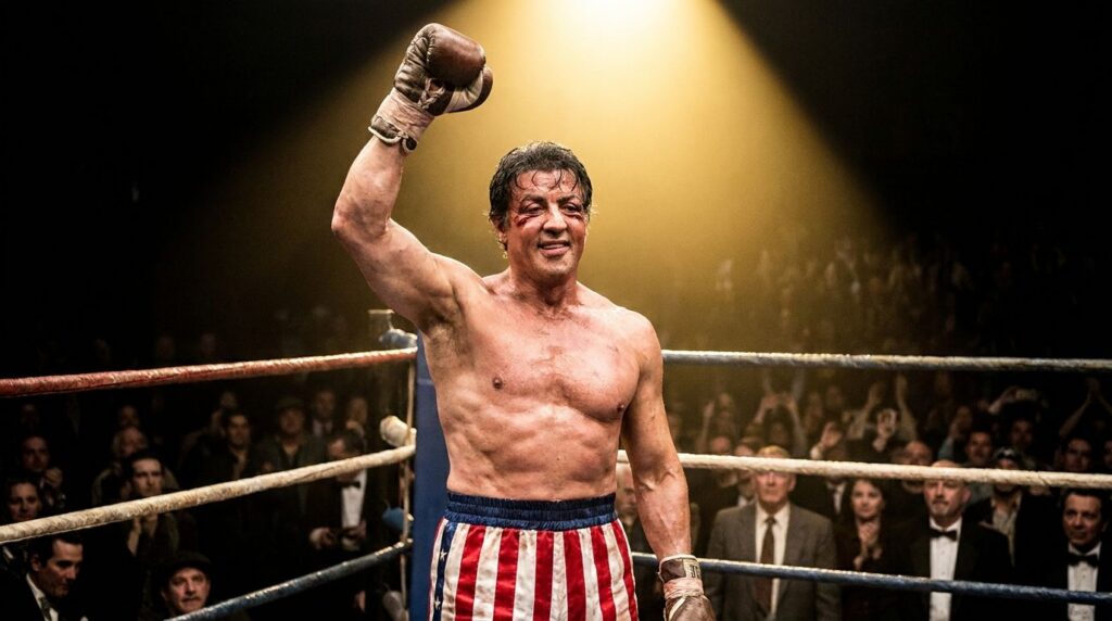 Sylvester Stallone as Rocky Balboa standing in a boxing ring