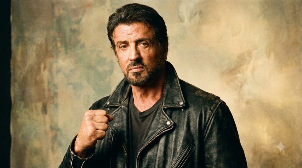 A publicity photo of Sylvester Stallone from the 1980s looking tough and heroic