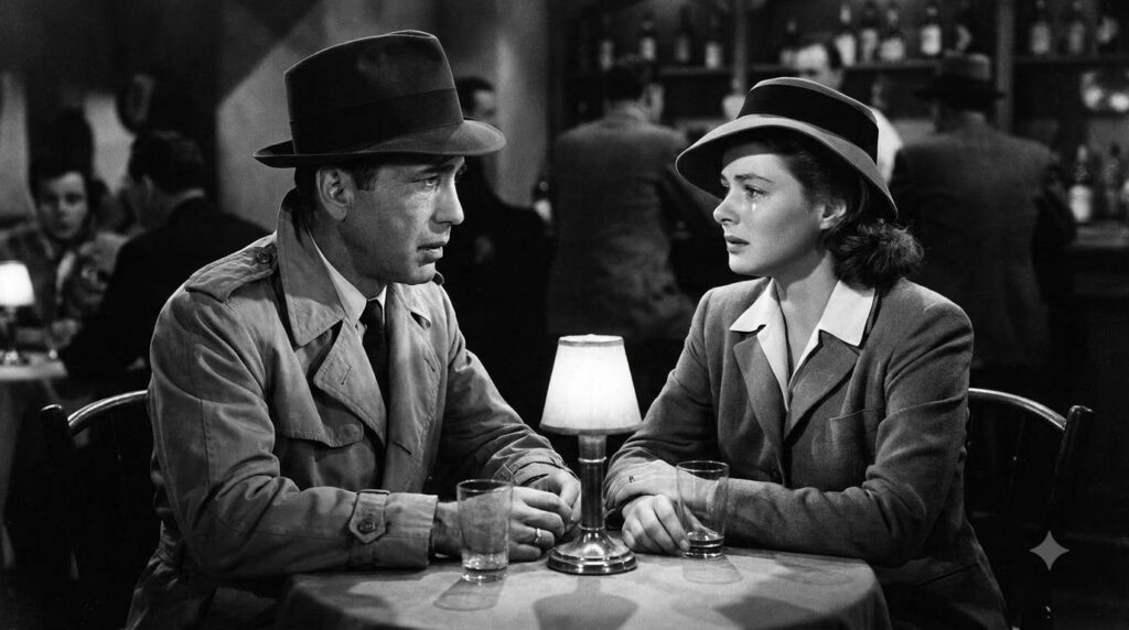 Humphrey Bogart and Ingrid Bergman in a scene from the film Casablanca looking intensely at each other