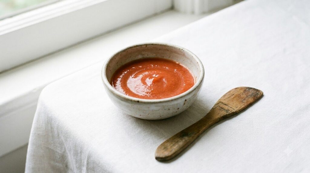 A close-up of a bowl containing a freshly mashed tomato and honey mixture ready for application with a small spatula nea