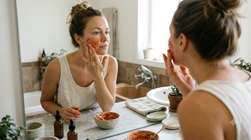 A woman gently applying a homemade tomato face mask to her clean face with a soft natural expression in a bright bathroo