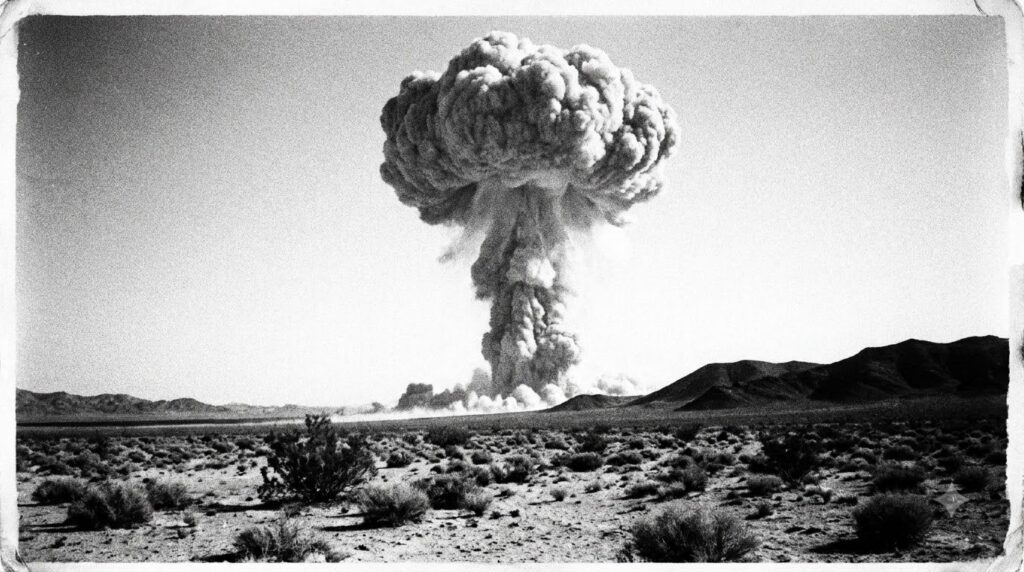 A historical photograph depicting the Trinity test the first detonation of a nuclear weapon with a massive mushroom clou