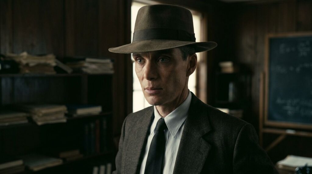 Cillian Murphy as J Robert Oppenheimer dressed in a period suit and hat looking intensely forward in a dramatic dimly li