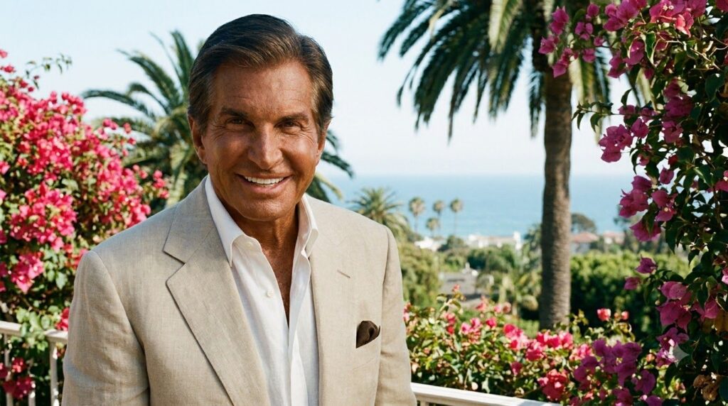 Full portrait of George Hamilton smiling showing his signature tan and classic charm