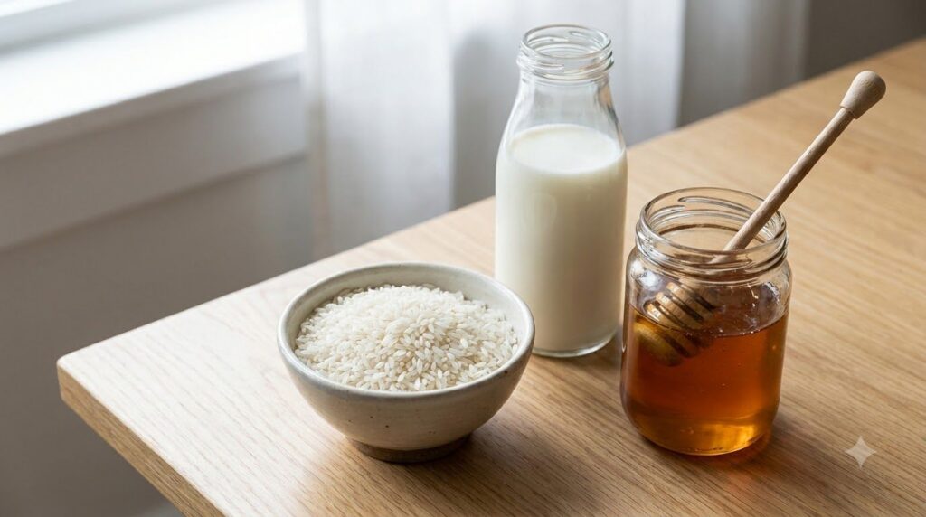 Ingredientes básicos para una mascarilla facial casera un tazón pequeño con arroz blanco seco una botella de leche junto