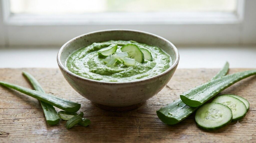 Close-up of a bowl containing a freshly blended green mask with aloe vera leaves and cucumber slices next to it on a woo