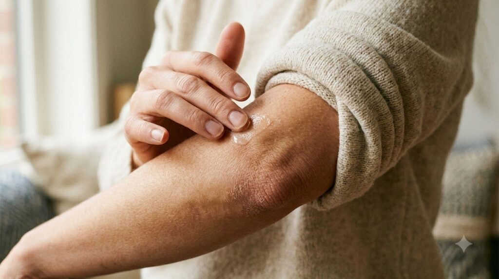 A woman applying a small amount of balm to her dry elbow or knee showing the texture of her skin before and after applic