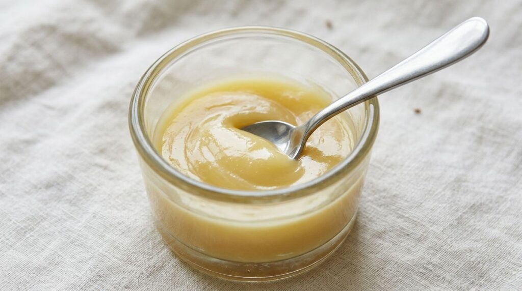 A close-up of a small glass bowl with the mixed golden balm showing a thick glossy texture A clean spoon is resting in t