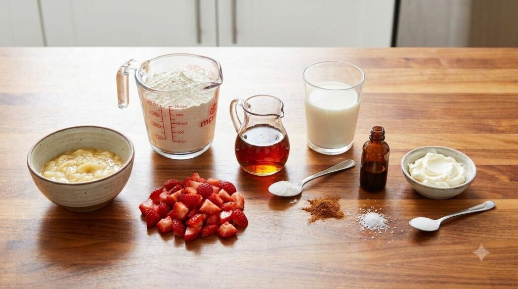 All the ingredients for the mug cake laid out on a kitchen counter a small bowl of mashed banana chopped strawberries fl