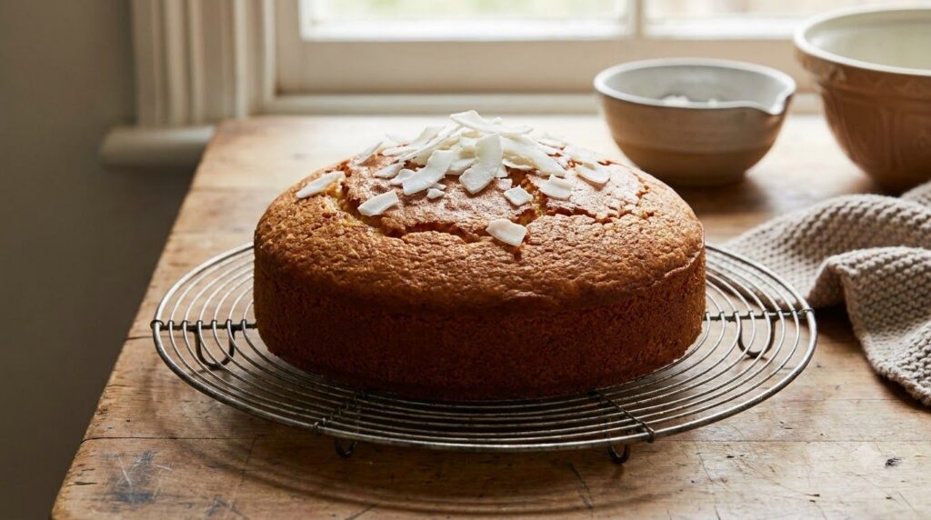 A delicious baked creamy flourless coconut cake cooling on a wire rack The cake is golden brown on top and has a slightl