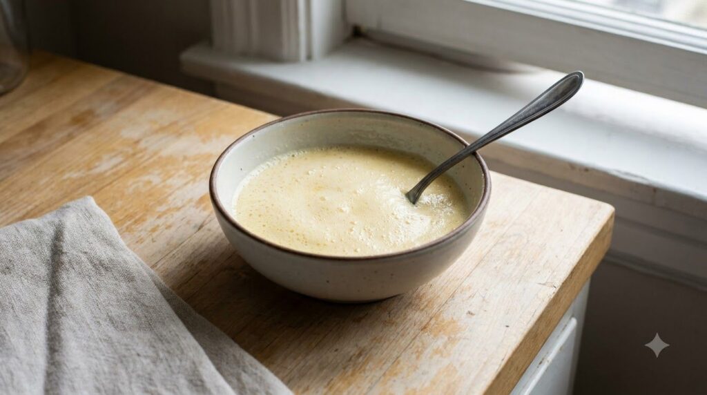 Whisked egg mixture in a bowl with a fork ready for cooking