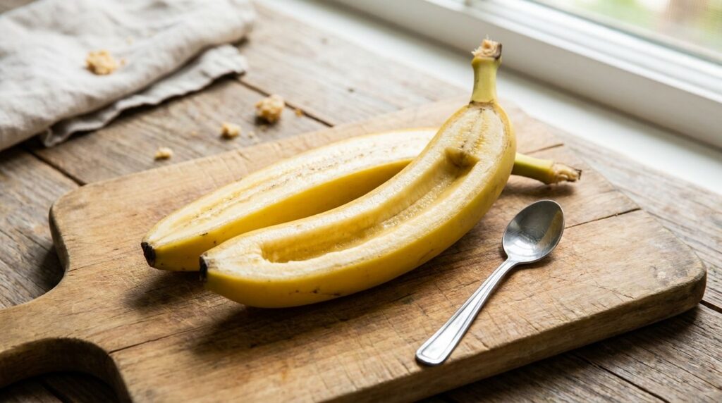 A banana sliced lengthwise with some pulp scooped out ready for omelet filling