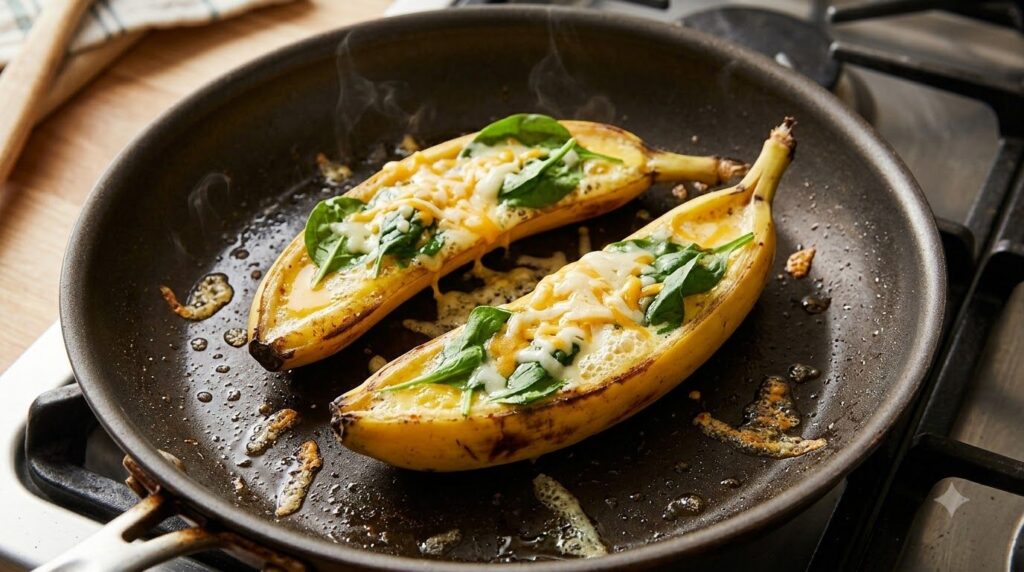 Banana peel halves on a skillet with egg mixture poured inside topped with cheese and spinach