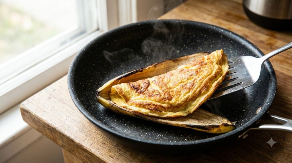 Cooked omelet in a banana peel ready to be removed and served