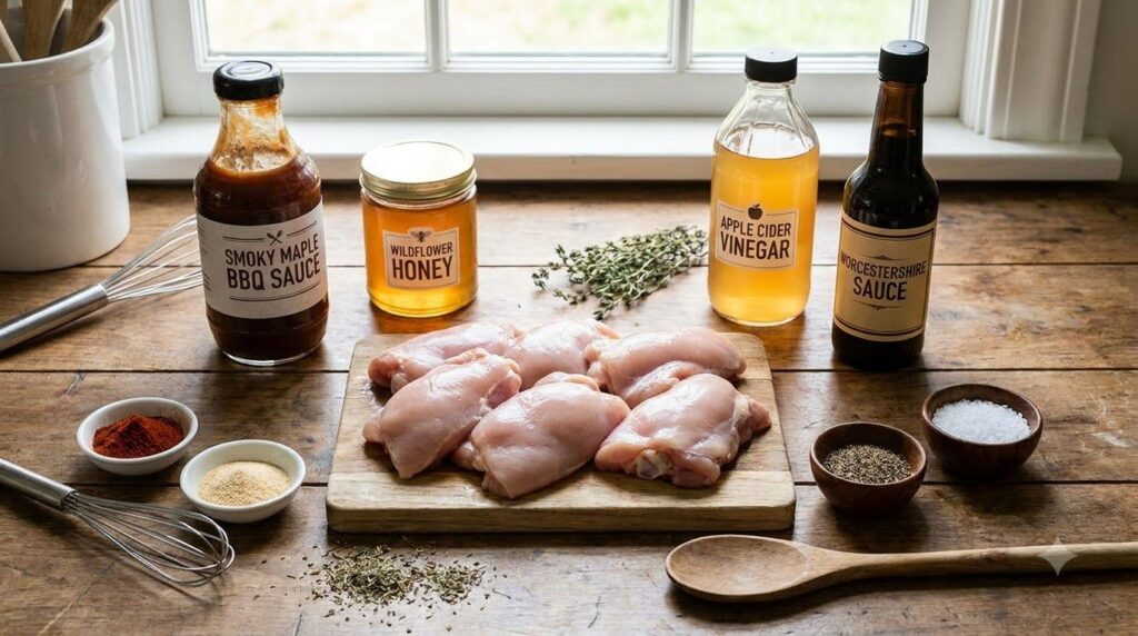 All the ingredients for honey BBQ slow cooker chicken laid out on a kitchen counter