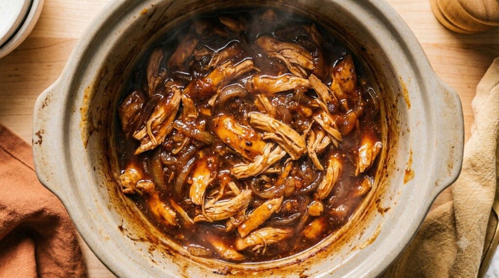 Cooked and shredded honey BBQ chicken simmering in a slow cooker