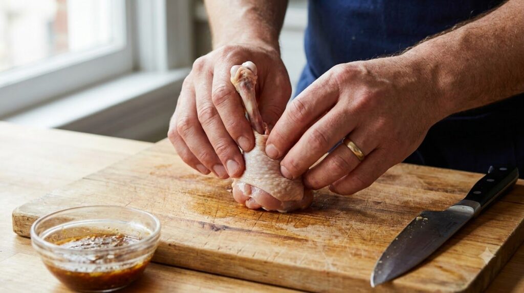 Hands preparing chicken drumettes pushing the meat down to create a lollipop shape
