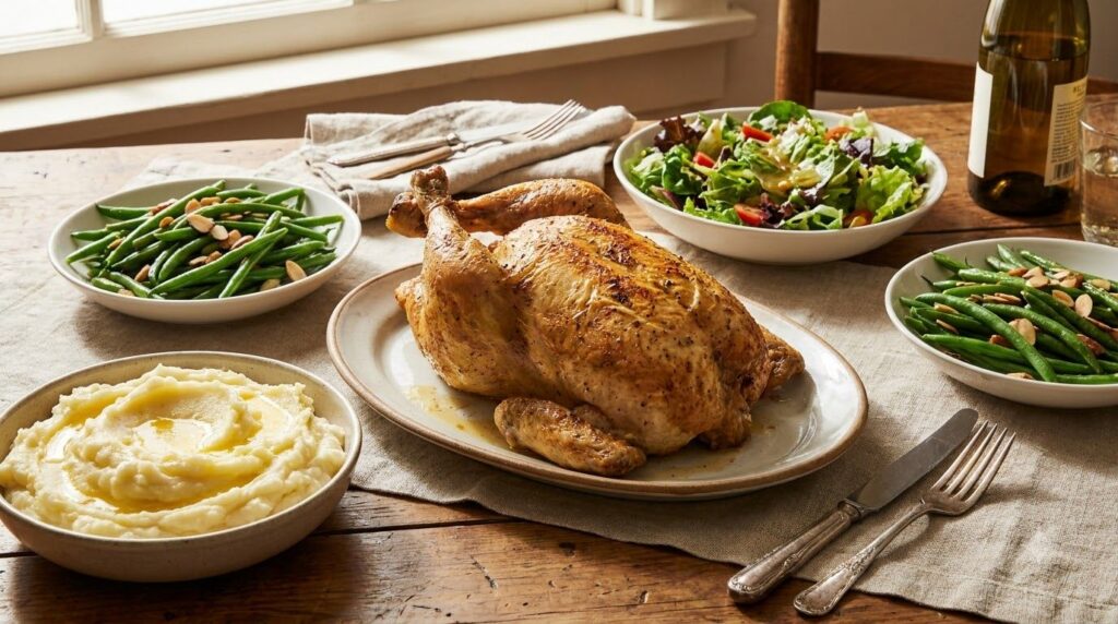 A perfectly carved slow cooker whole chicken on a platter surrounded by classic comfort food sides like mashed potatoes 