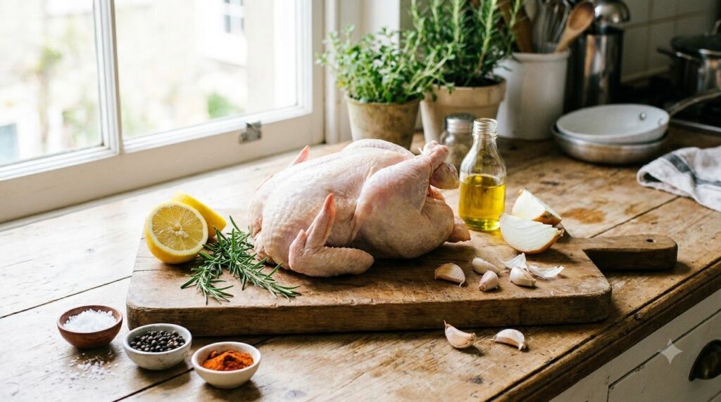 All the ingredients for slow cooker whole chicken laid out on a wooden cutting board a whole raw chicken a lemon fresh r