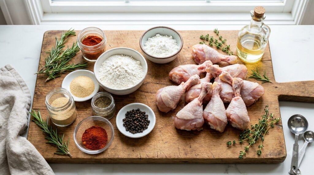 A collection of fresh ingredients for chicken lollipops laid out on a wooden cutting board chicken drumettes flour corns