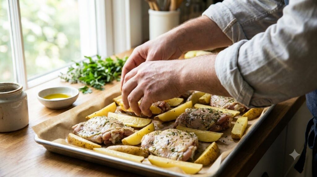 Hands arranging seasoned chicken and potato wedges on a baking sheet before going into the oven