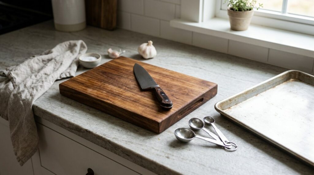 A busy home kitchen counter with a cutting board knife measuring spoons and a large baking sheet