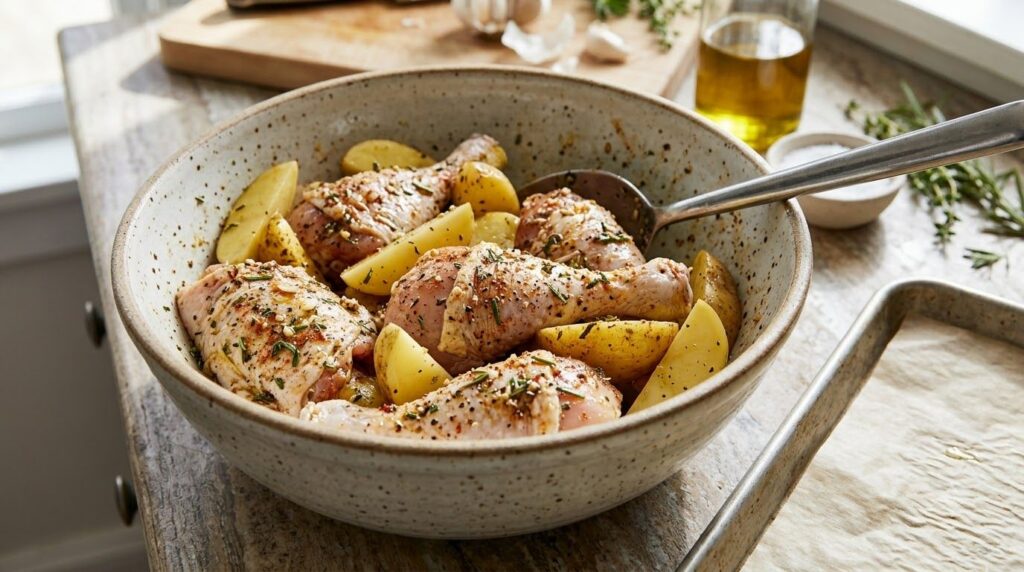 A bowl of the raw chicken and potatoes tossed with seasonings in a mixing bowl ready for baking