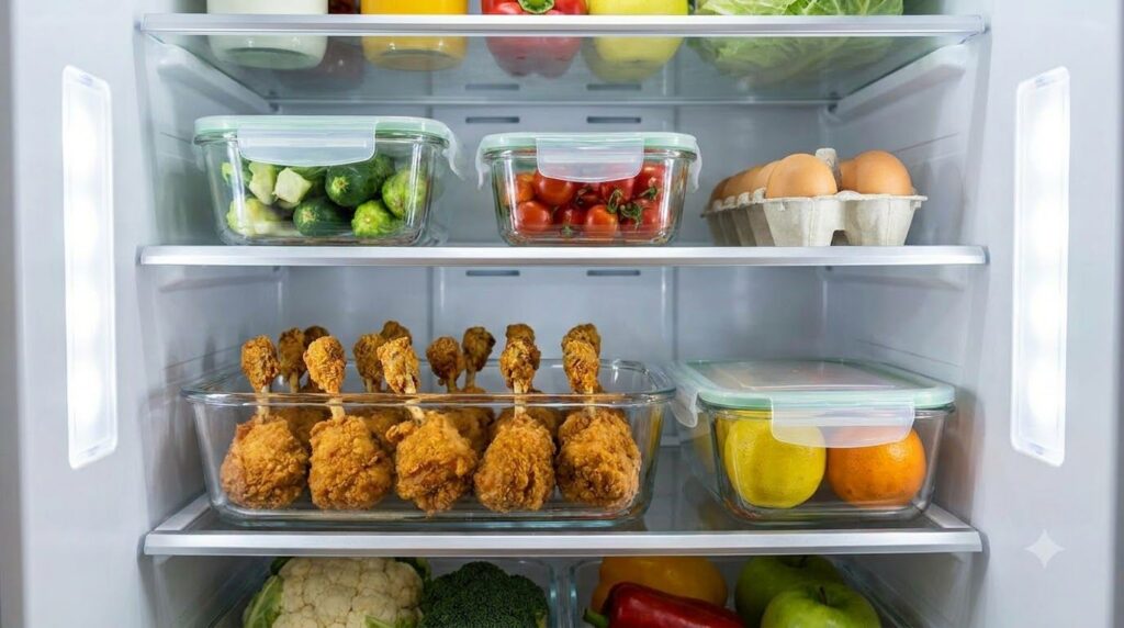 Crispy chicken lollipops stored in an airtight container in a refrigerator