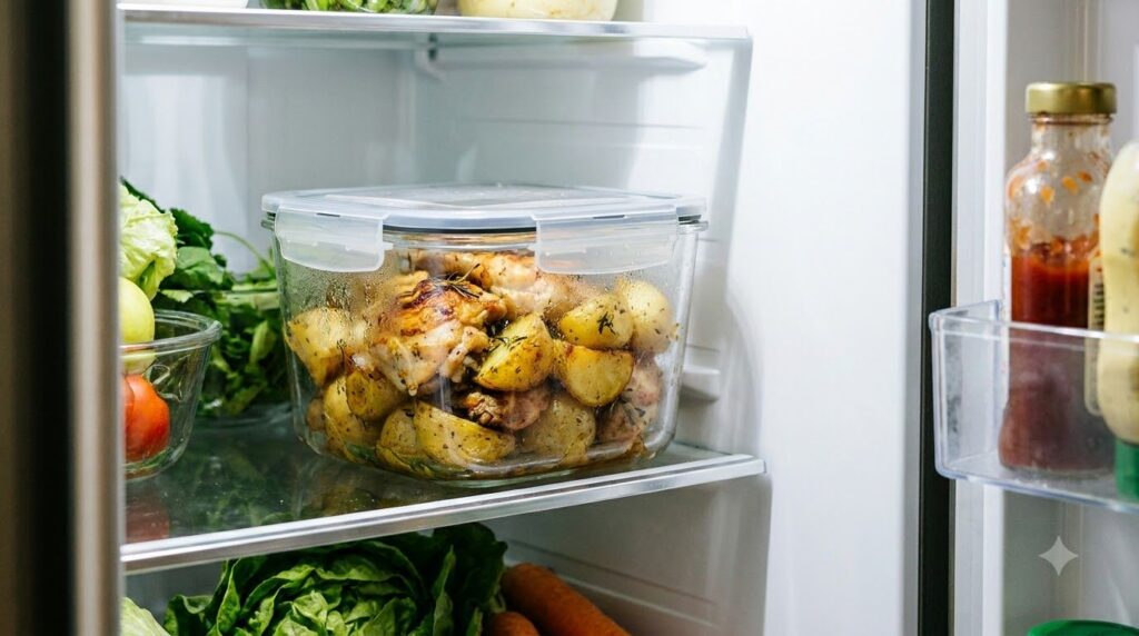 A glass container filled with leftover baked chicken and potatoes in the refrigerator