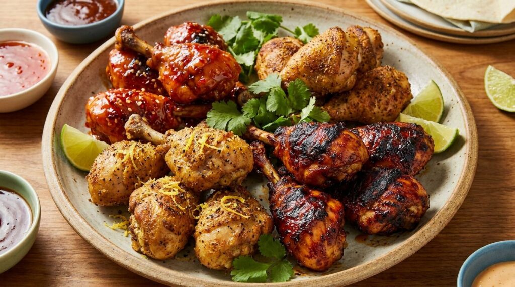 A variety of chicken lollipop flavors on a platter showing different glazes and seasonings like sweet chili and lemon pe