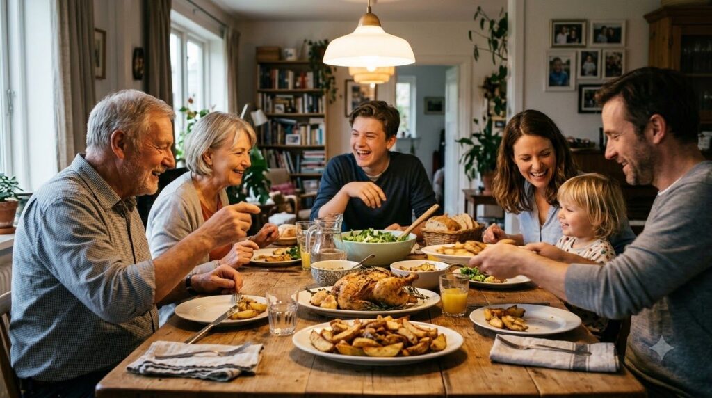 A family enjoying the baked chicken and potato meal at a dinner table smiling