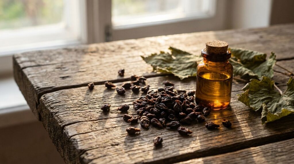 An assortment of dried grape seeds and a small bottle of grape seed oil representing different forms of the remedy on a 