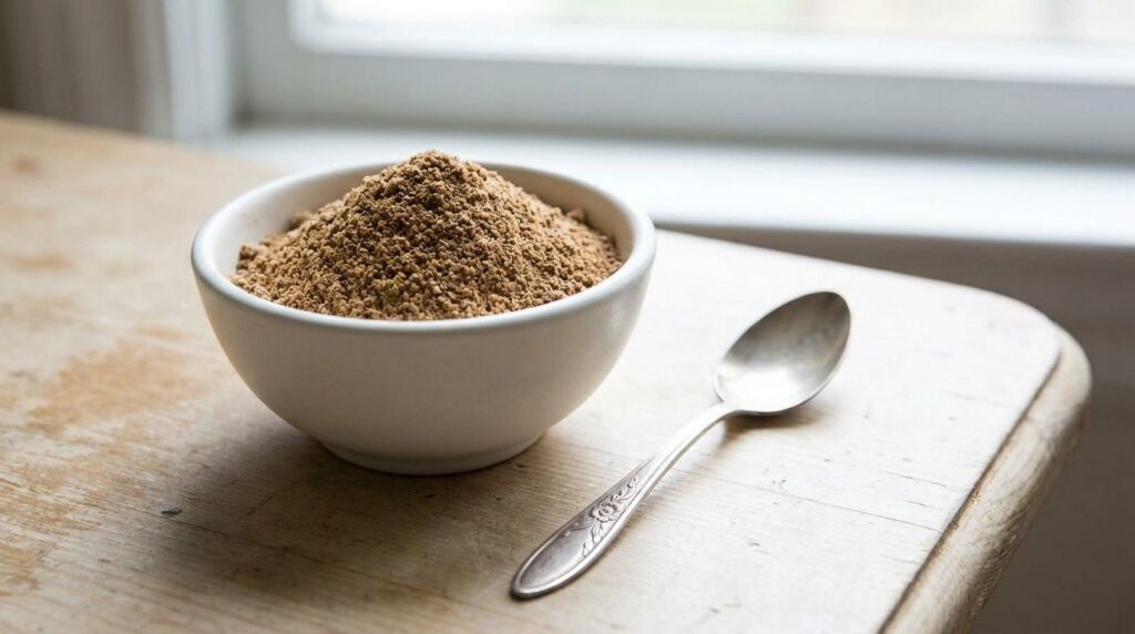 A small clean bowl containing a pile of finely ground light brown grape seed powder with a small spoon beside it
