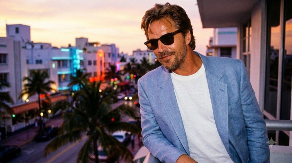 Don Johnson in his iconic Miami Vice look wearing a pastel suit jacket over a t-shirt with a confident expression set ag
