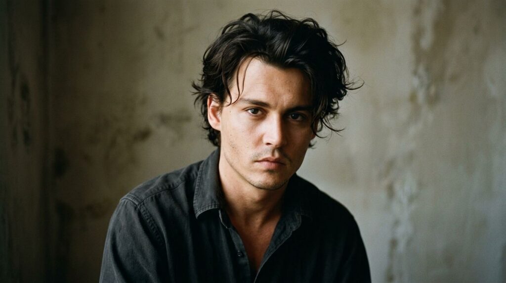 A young Johnny Depp in the late 1980s perhaps from a photoshoot or an early TV appearance showcasing his rebellious look