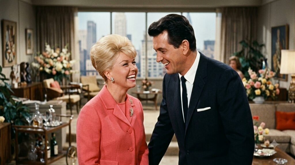 Rock Hudson and Doris Day laughing together in a still from a classic romantic comedy like Pillow Talk