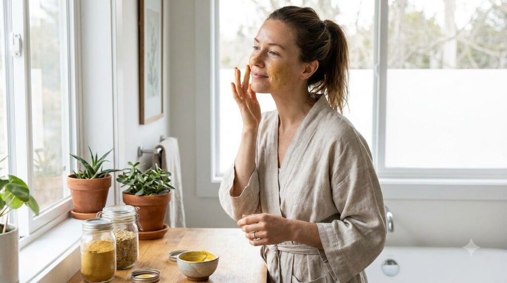 A woman gently applying a yellow homemade glow blend to her cheek with her fingertips showing radiant and healthy-lookin