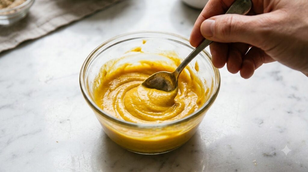 A close-up of a small glass bowl containing a yellow paste being mixed with a spoon Ingredients like petroleum jelly bab