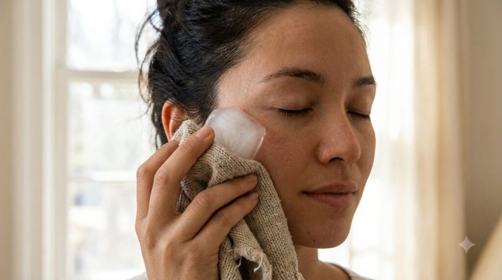 A person gently rubbing a rice water ice cube wrapped in a thin cloth over their cheek with a soft glow on their skin
