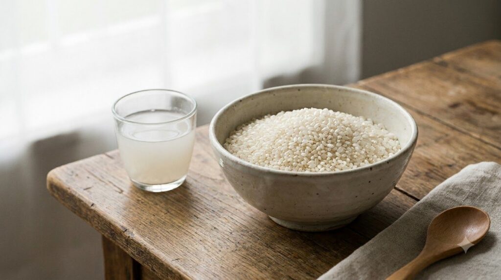A beautifully arranged bowl of white rice grains next to a small glass of cloudy rice water perhaps with a decorative le